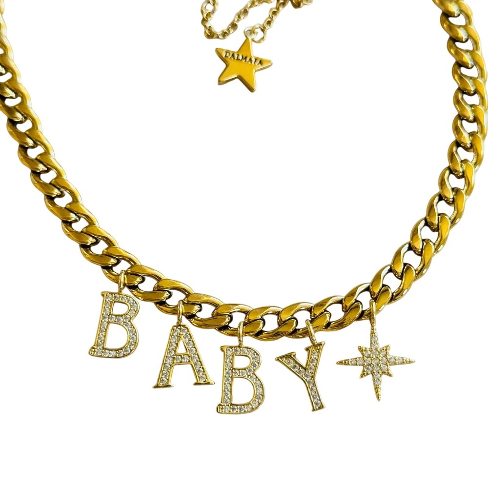 Dalmata D Stainless Steel Baby Necklace Cuban Chain Crystal Rhinestone 22" Y2K